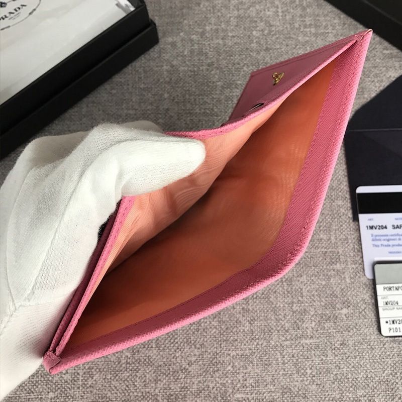 Prada 1MV204 Lettering Saffiano Leather Bifold Wallet In Pink