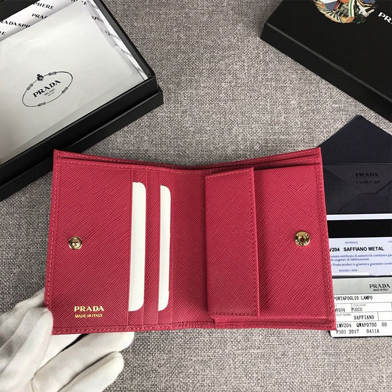 Prada 1MV204 Lettering Saffiano Leather Bifold Wallet In Rose