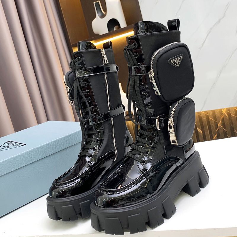 Prada 1W257M Monolith Patent Leather Biker Boots Women In Black