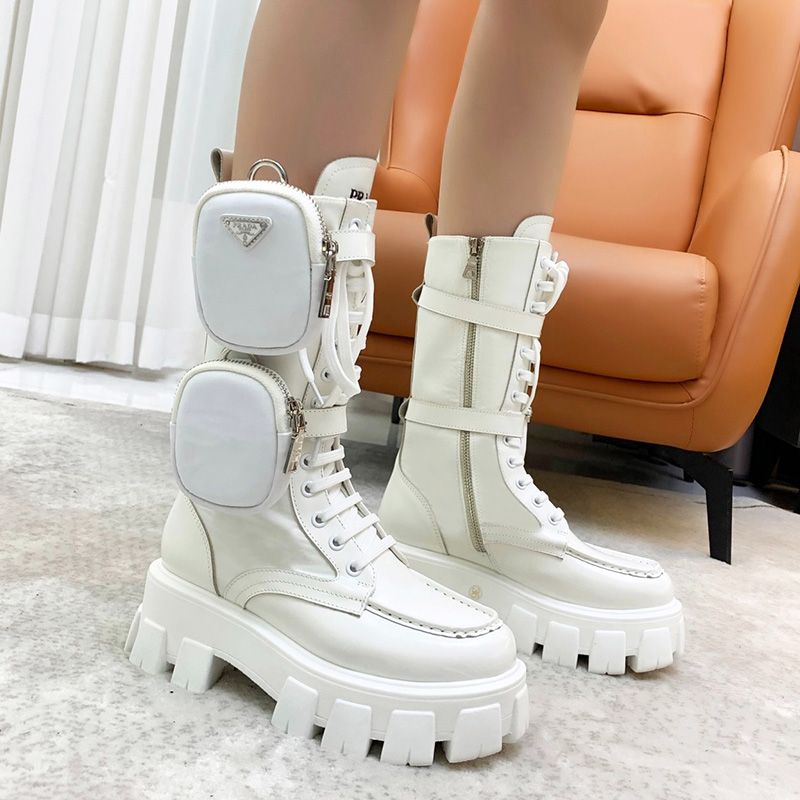 Prada 1W257M Monolith Sheepskin Biker Boots Women In White