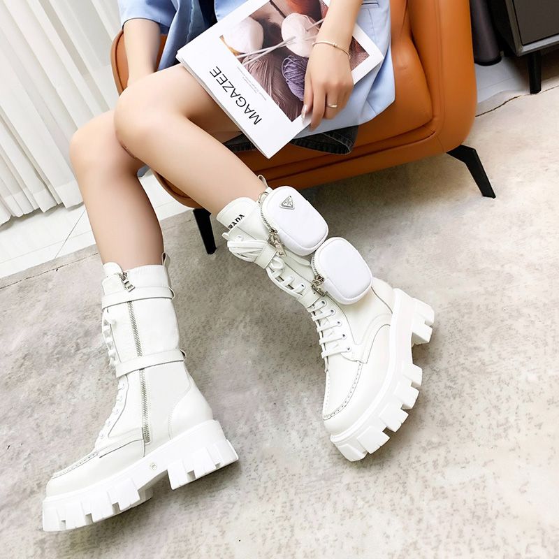 Prada 1W257M Monolith Sheepskin Biker Boots Women In White