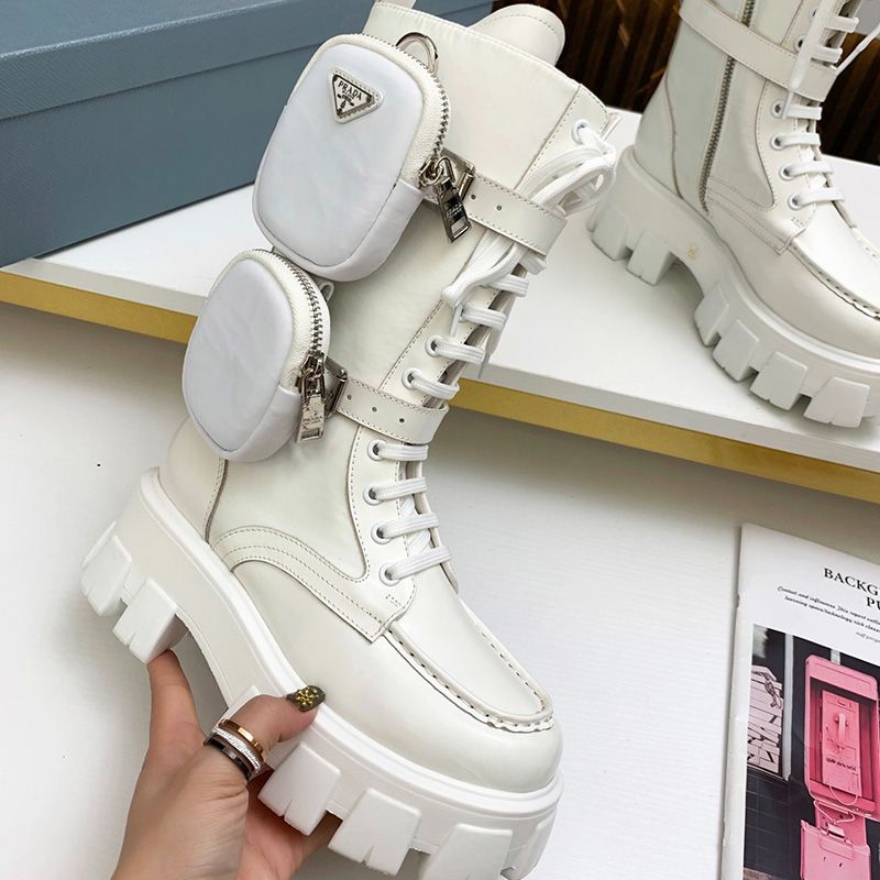 Prada 1W257M Monolith Sheepskin Biker Boots Women In White