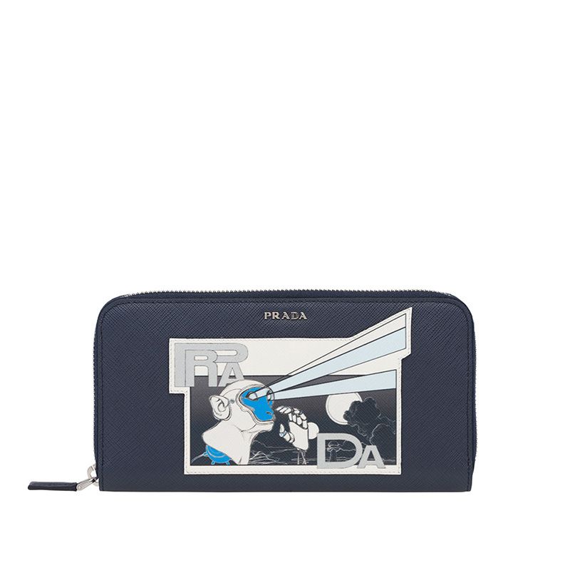 Prada 2ML317 Comic Logo Saffiano Leather Document Holder In Navy Blue