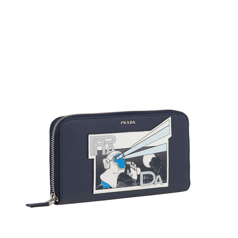 Prada 2ML317 Comic Logo Saffiano Leather Document Holder In Navy Blue