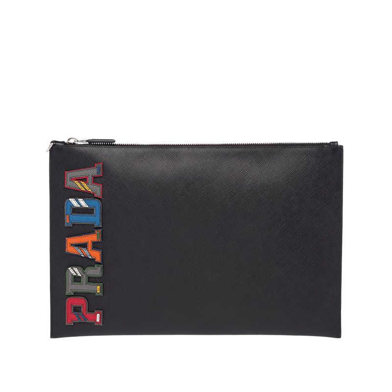 Prada 2NG001 Color-Logo Saffiano Leather Clutch In Black