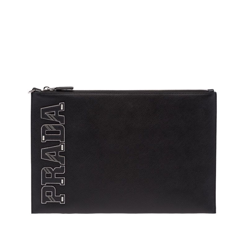 Prada 2NG001 Color-Logo Saffiano Leather Clutch In Black/Grey