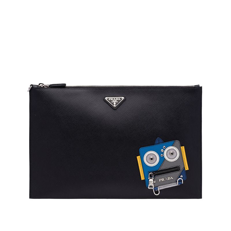 Prada 2NG001 Robot Saffiano Leather Clutch In Black/Grey