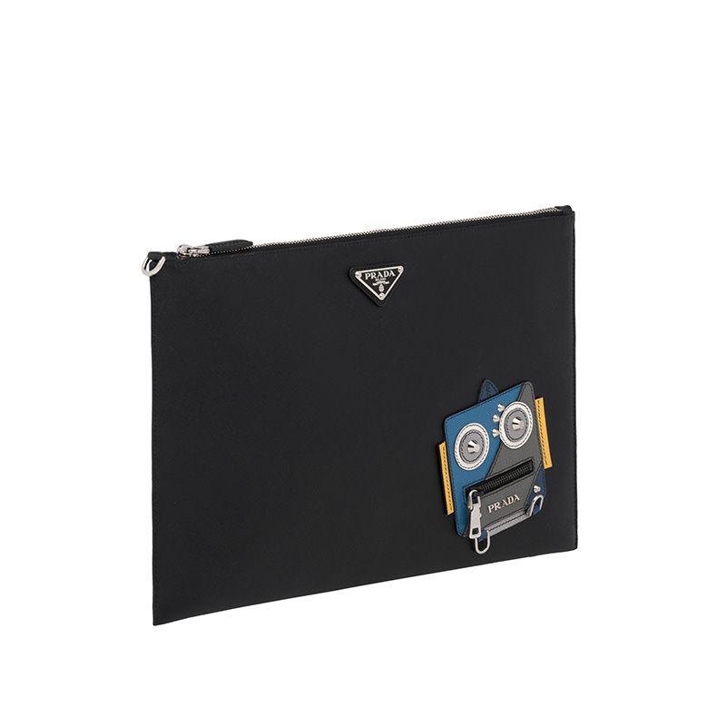 Prada 2NG001 Robot Saffiano Leather Clutch In Black/Grey