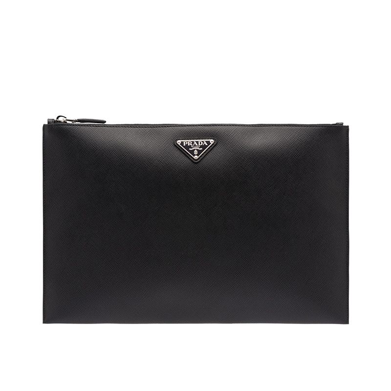 Prada 2NG001 Triangle Saffiano Leather Clutch In Black