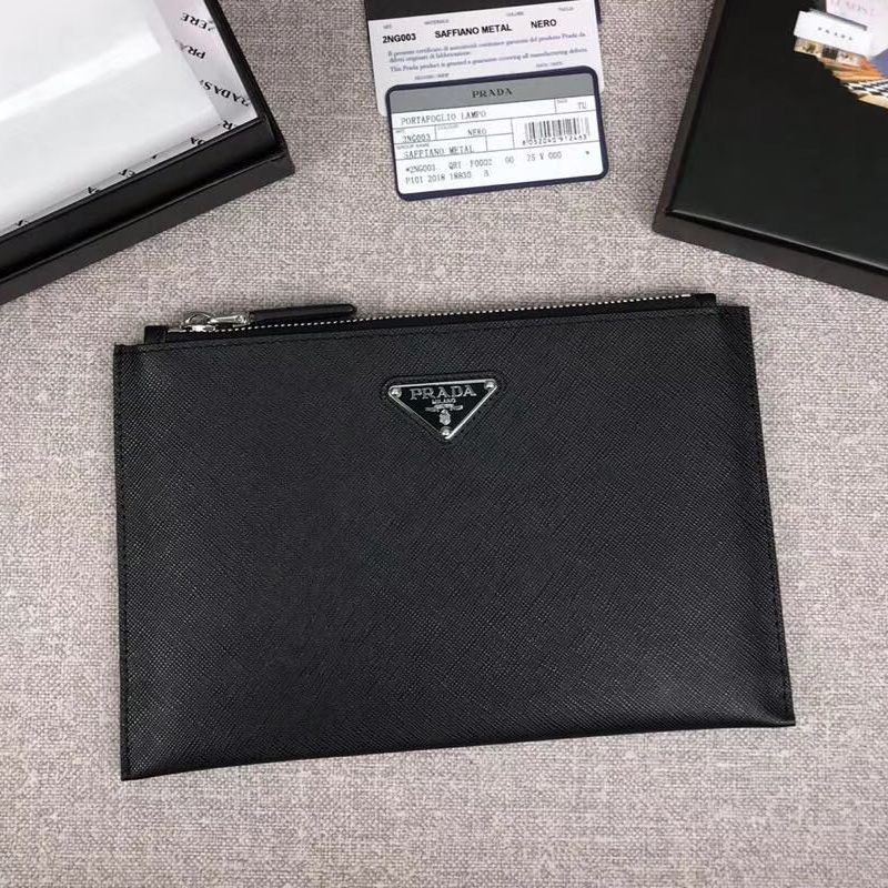 Prada 2NG003 Triangle Saffiano Leather Clutch In Black