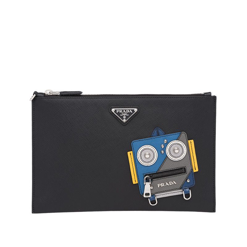 Prada 2NG005 Robot Saffiano Leather Clutch In Black/Grey