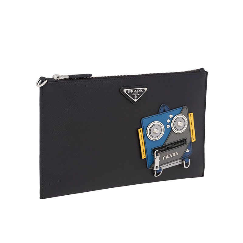 Prada 2NG005 Robot Saffiano Leather Clutch In Black/Grey