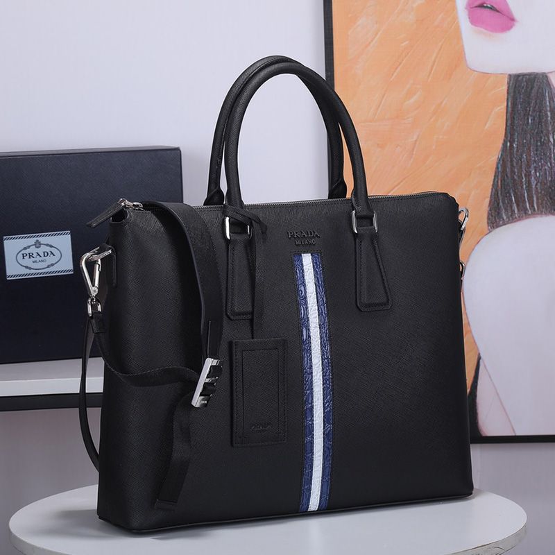 Prada 2NG044 Ribbon Saffiano Leather Briefcase In Black