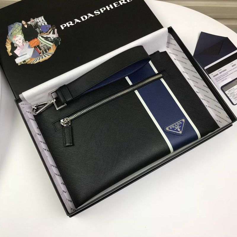 Prada 2NH005 Ribbon Saffiano Leather Clutch In Black/Blue