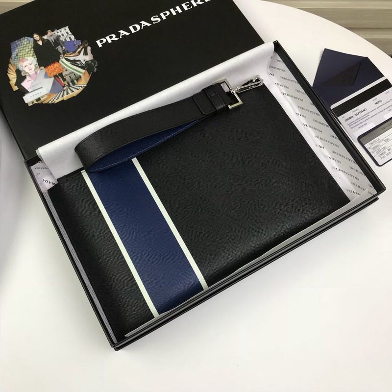 Prada 2NH005 Ribbon Saffiano Leather Clutch In Black/Blue