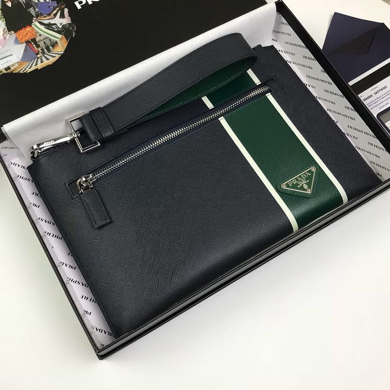 Prada 2NH005 Ribbon Saffiano Leather Clutch In Black/Green