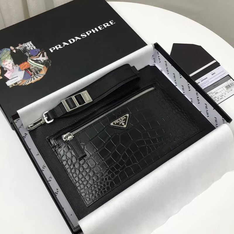 Prada 2NH009 Triangle Crocodile Saffiano Leather Clutch In Black