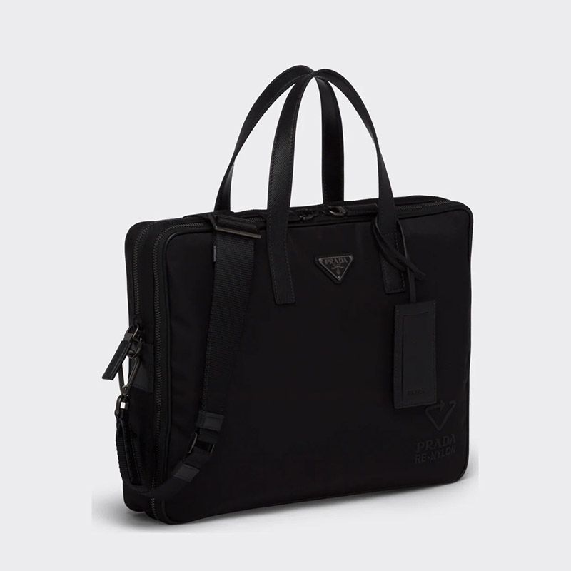 Prada 2VE005 Re-Nylon And Leather Briefcase In Black