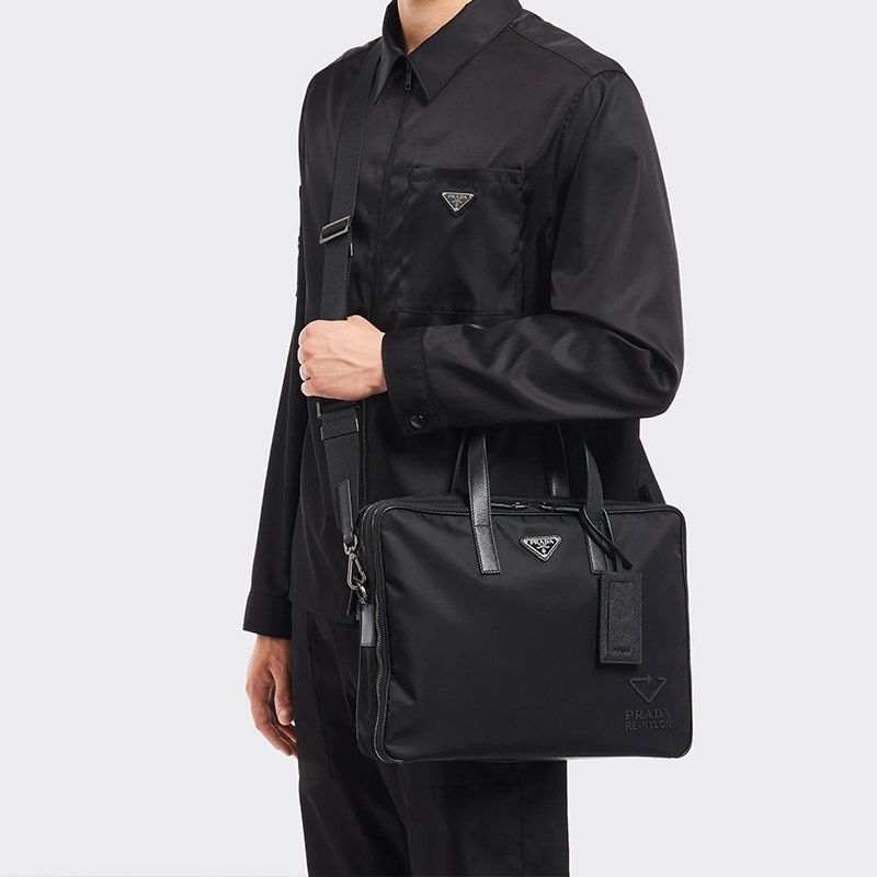 Prada 2VE005 Re-Nylon And Leather Briefcase In Black