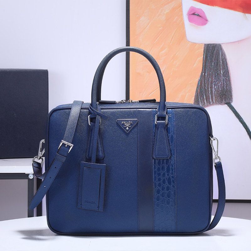 Prada 2VE011 Corcodile and Saffiano Leather Briefcase In Blue