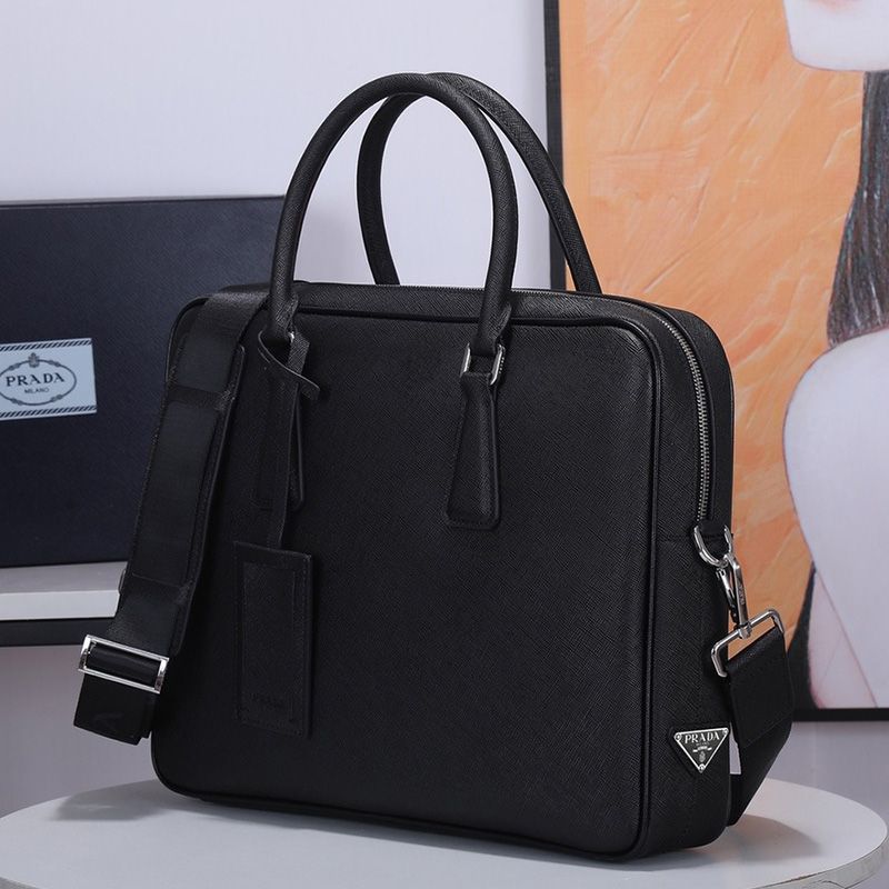 Prada 2VE363 Side Triangle Saffiano Leather Briefcase In Black