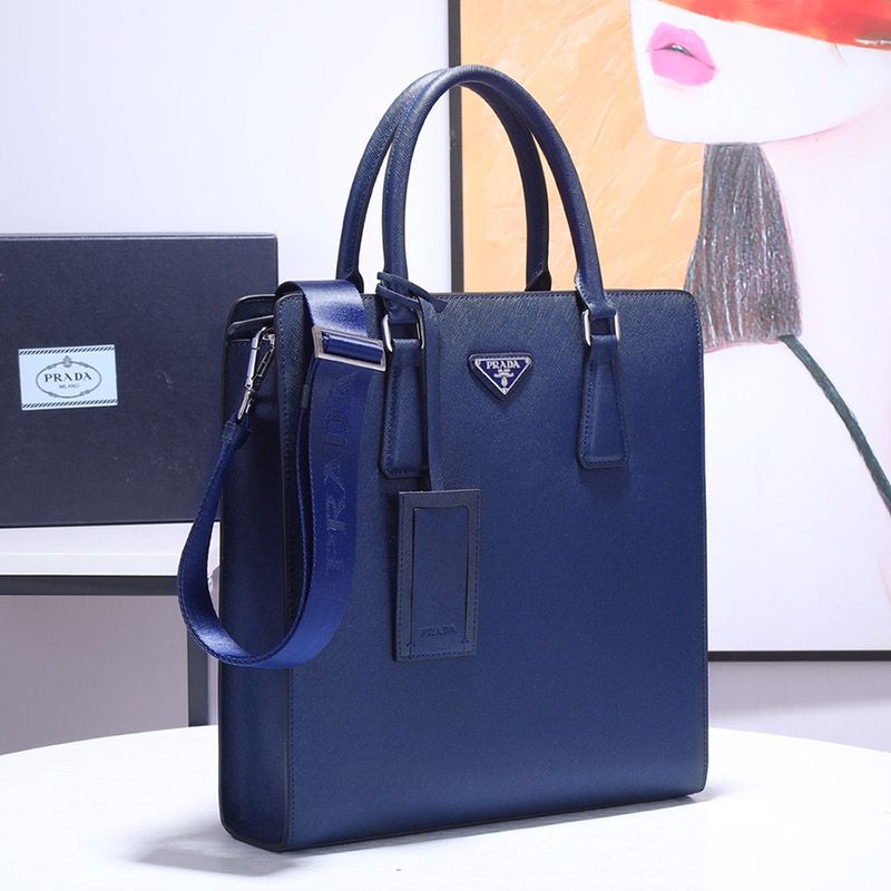 Prada 2VE367 Saffiano Leather Briefcase In Blue