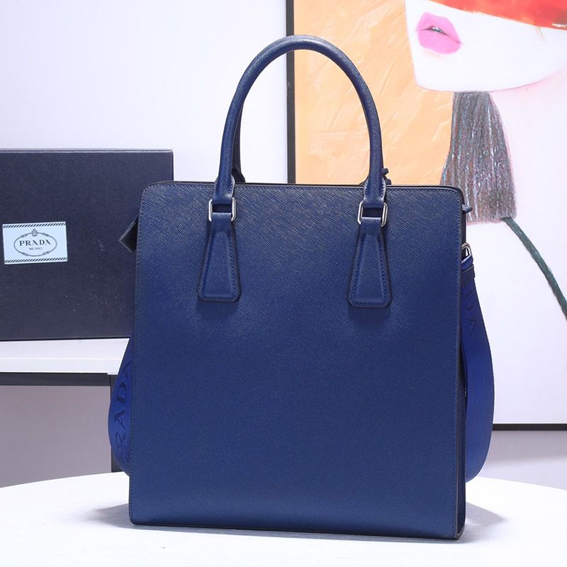 Prada 2VE367 Saffiano Leather Briefcase In Blue