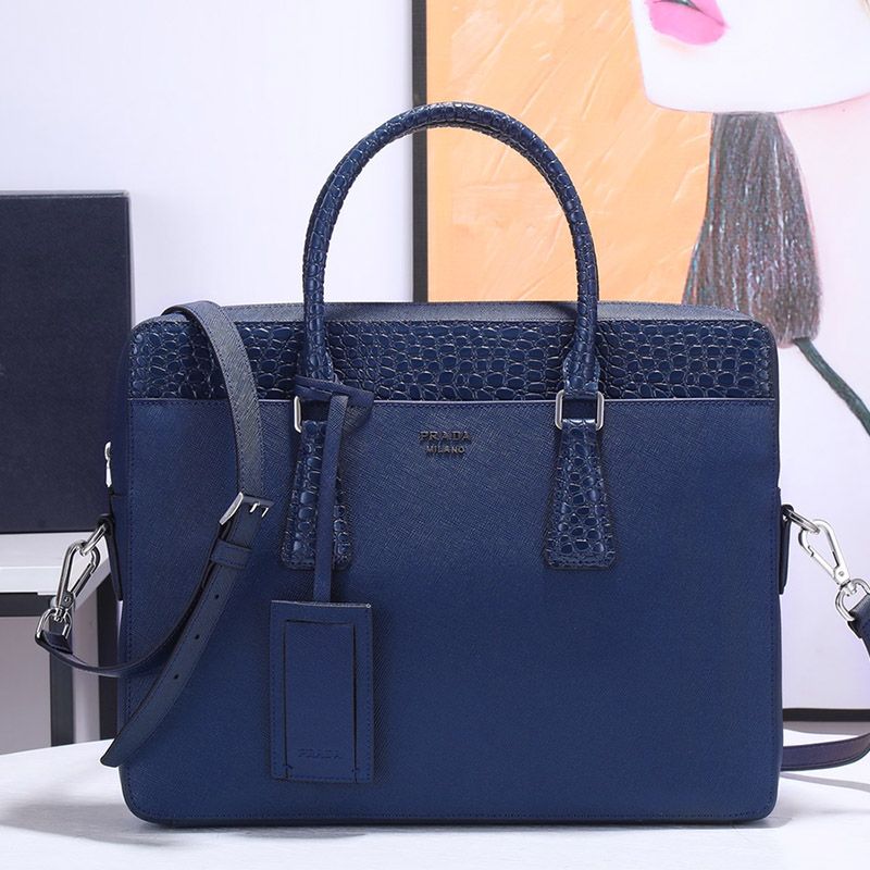 Prada 2VE368 Crocodile and Saffiano Leather Briefcase In Blue