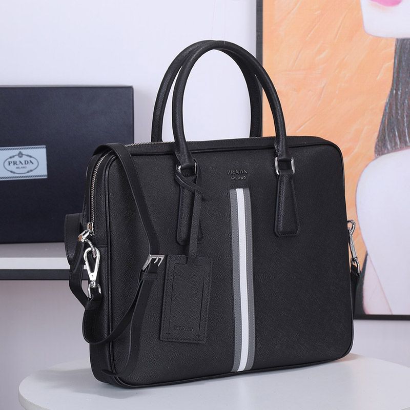 Prada 2VE368 Ribbon Saffiano Leather Briefcase In Black/Grey