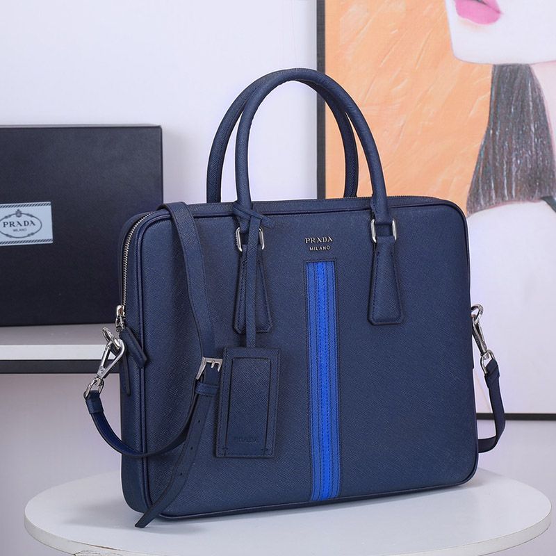 Prada 2VE368 Ribbon Saffiano Leather Briefcase In Blue