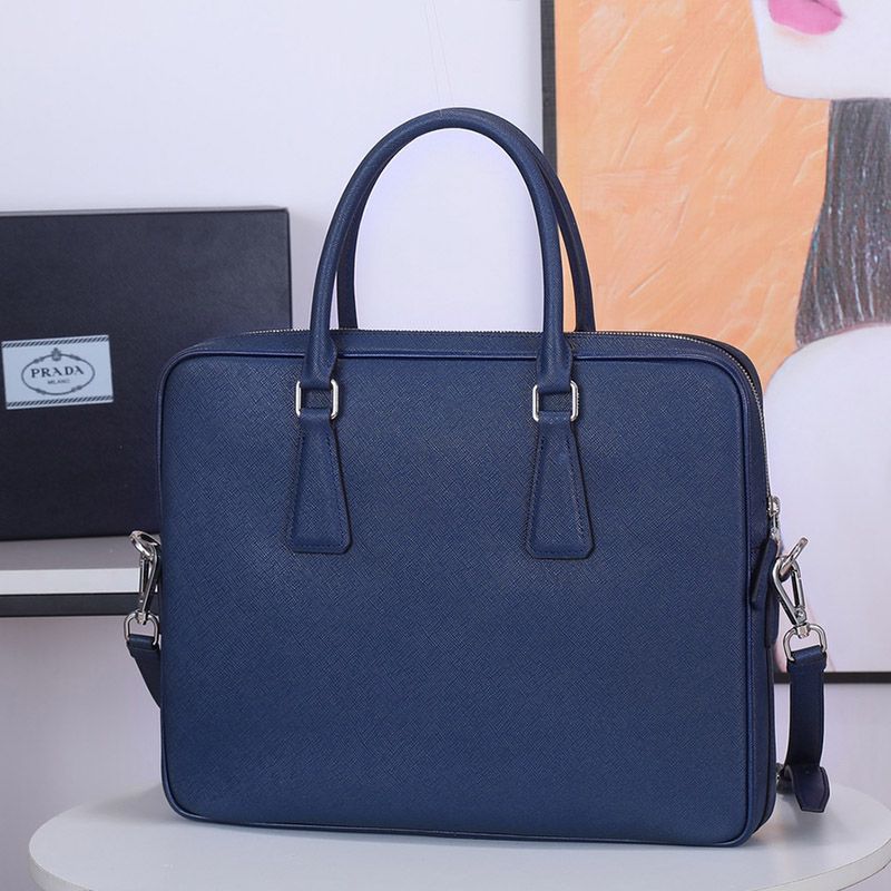 Prada 2VE368 Ribbon Saffiano Leather Briefcase In Blue