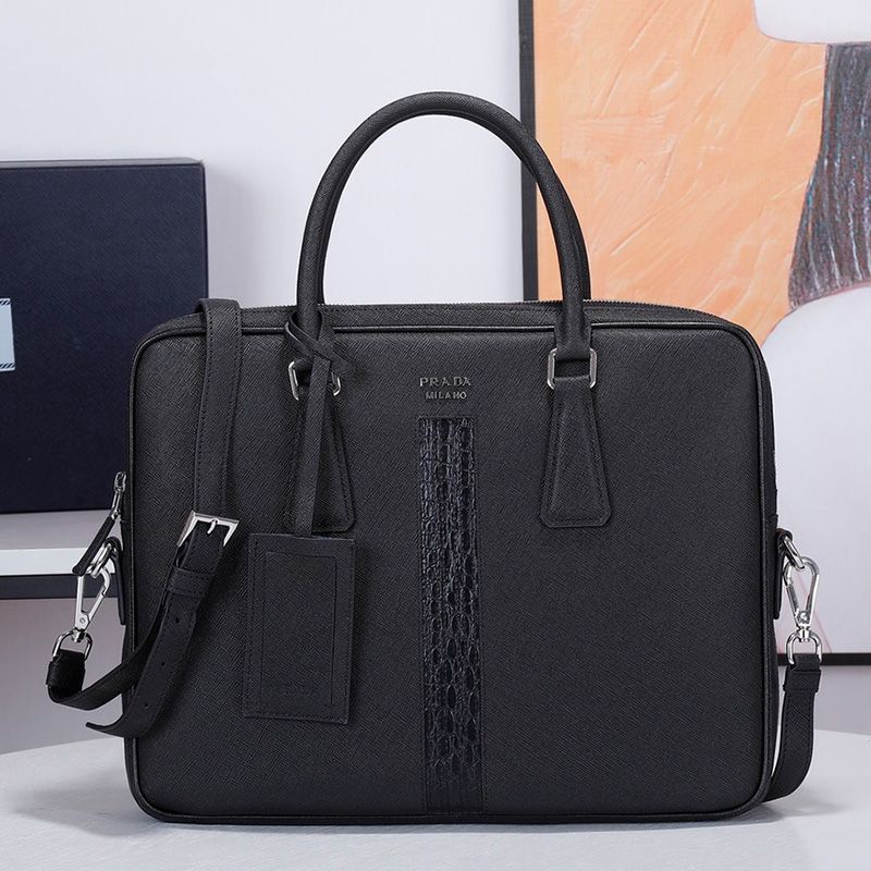 Prada 2VE368 Ribbon Saffiano Crocodile Pattern Briefcase In Black