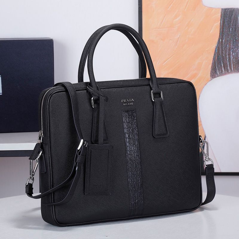 Prada 2VE368 Ribbon Saffiano Crocodile Pattern Briefcase In Black