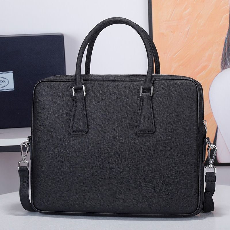 Prada 2VE368 Ribbon Saffiano Crocodile Pattern Briefcase In Black