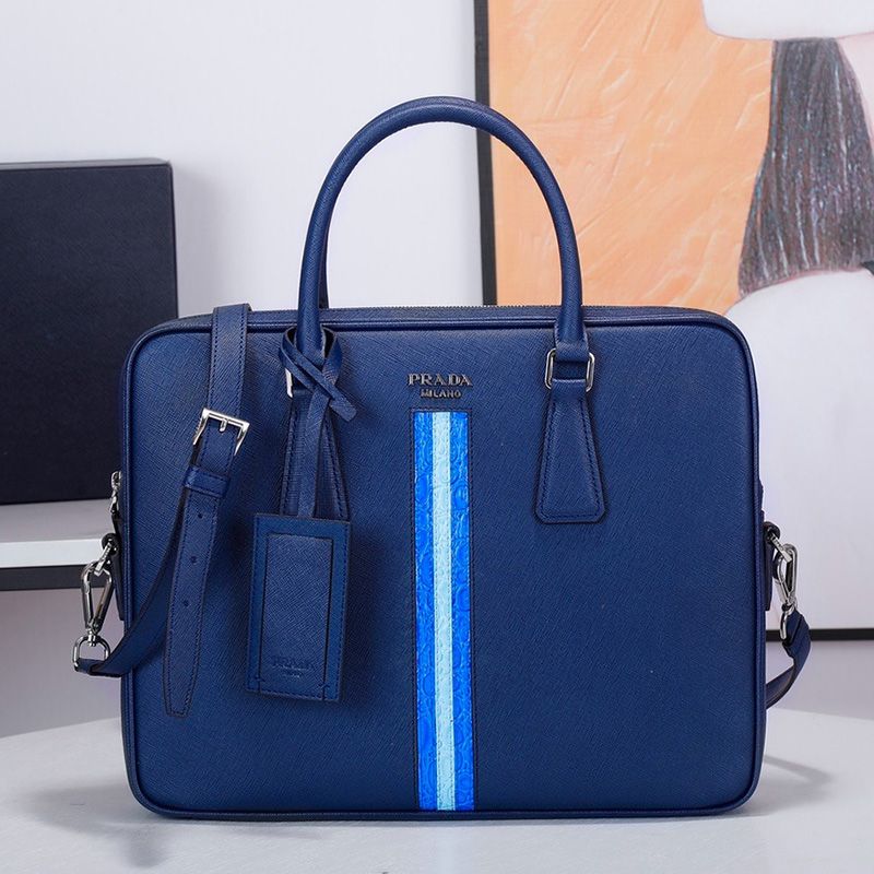 Prada 2VE368 Ribbon Saffiano Crocodile Pattern Briefcase In Blue