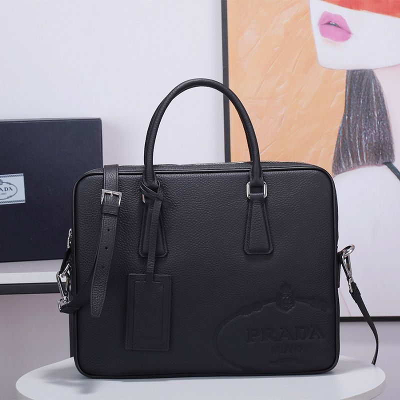 Prada 2VE368 Silk-screened Logo Calfskin Briefcase In Black