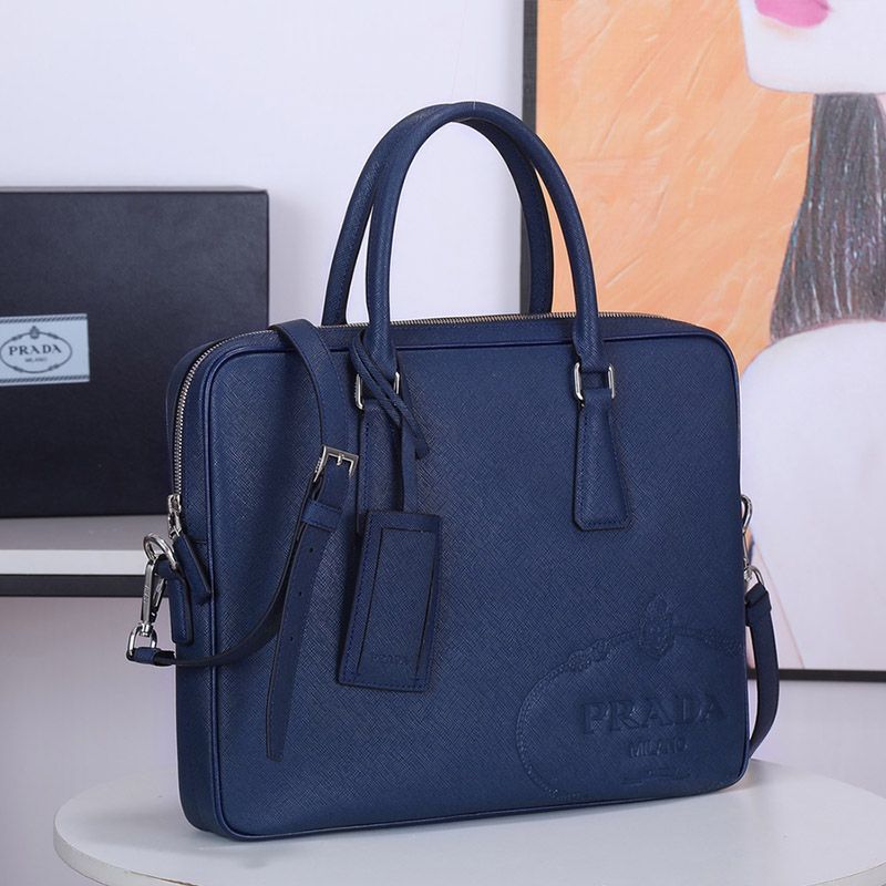 Prada 2VE368 Silk-screened Logo Saffiano Leather Briefcase In Blue