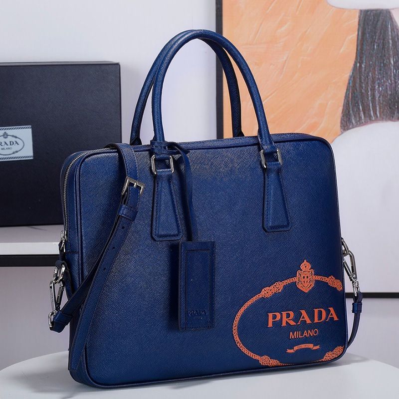 Prada 2VE368 Silk-screened Logo Saffiano Leather Briefcase In Blue/Orange