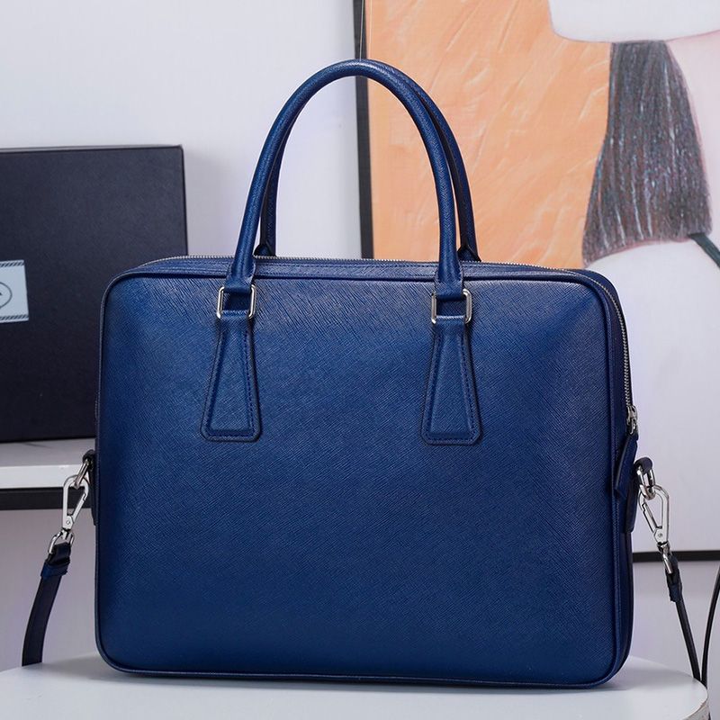 Prada 2VE368 Silk-screened Logo Saffiano Leather Briefcase In Blue/Orange