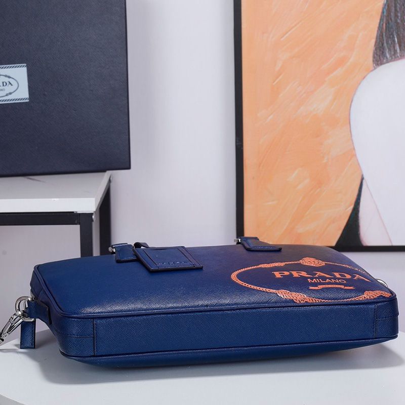 Prada 2VE368 Silk-screened Logo Saffiano Leather Briefcase In Blue/Orange