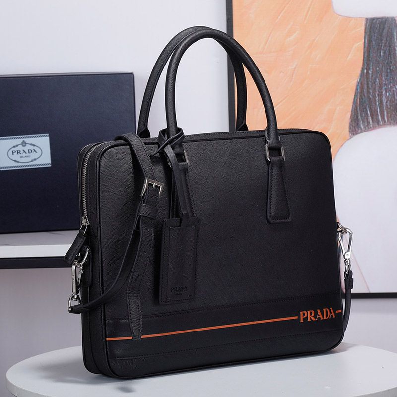 Prada 2VE368 Stripe-screened Logo Saffiano Leather Briefcase In Black/Orange