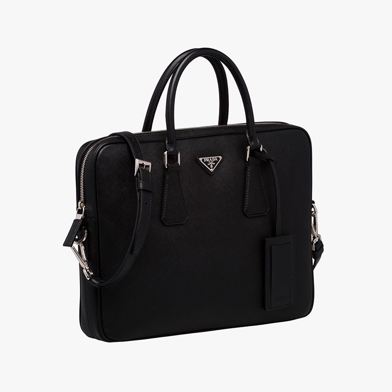 Prada 2VE368 Triangle Saffiano Leather Briefcase In Black