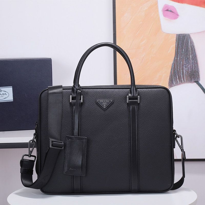 Prada 2VE368 Triangle Calfskin Briefcase In Black