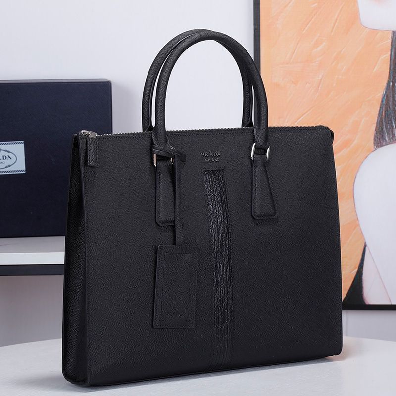 Prada 2VG020 Ribbon Saffiano Leather Briefcase In Black