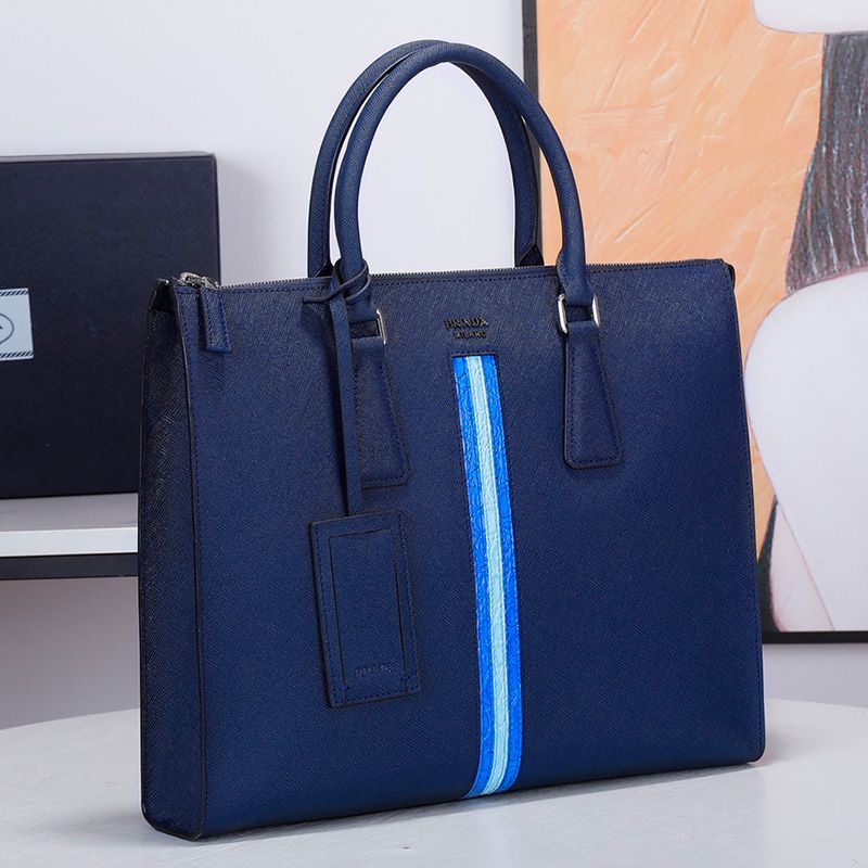 Prada 2VG020 Ribbon Saffiano Leather Briefcase In Blue