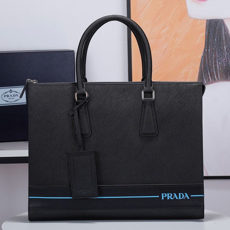 Prada 2VG030 Stripe-screened Logo Saffiano Leather Briefcase In Black