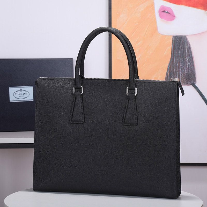 Prada 2VG030 Triangle Saffiano Leather Briefcase In Black