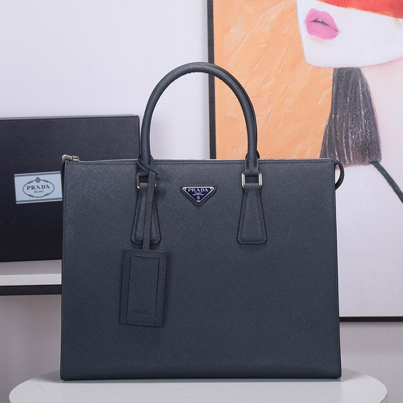 Prada 2VG030 Triangle Saffiano Leather Briefcase In Navy Blue