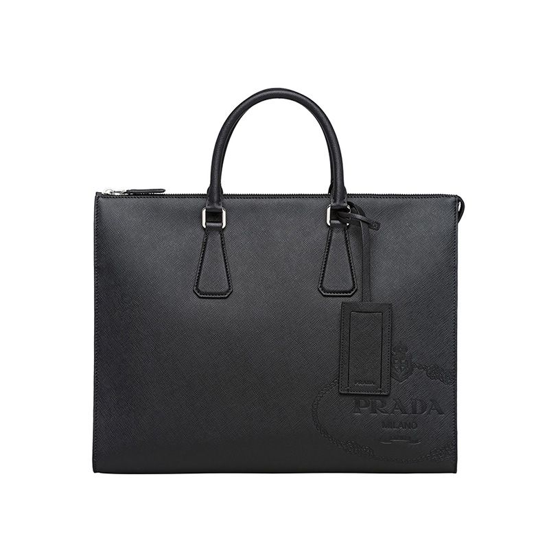 Prada 2VG039 Silk-screened Logo Saffiano Leather Briefcase In Black