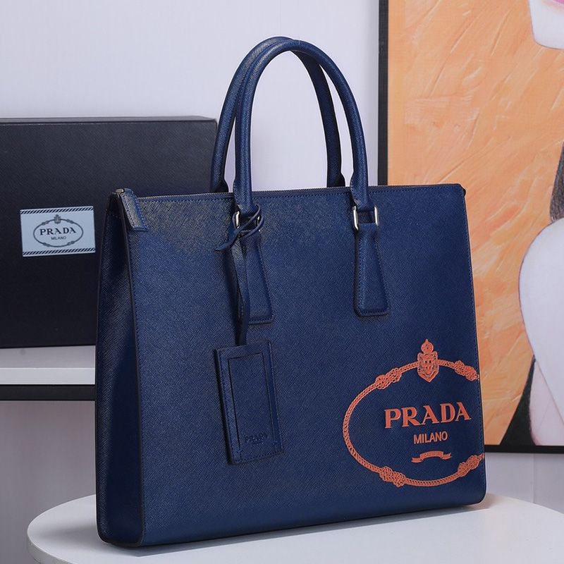 Prada 2VG039 Silk-screened Logo Saffiano Leather Briefcase In Blue/Orange